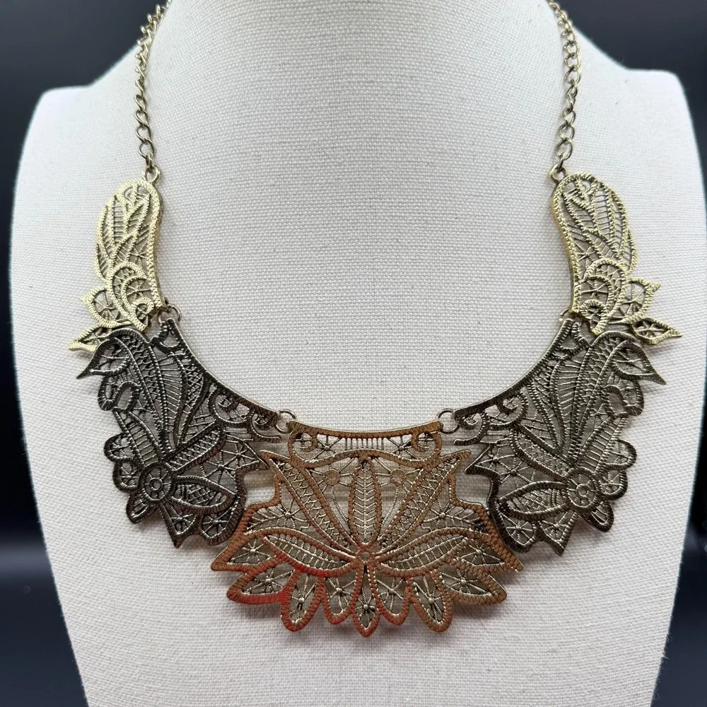 Antique Gold Tone Filigree Floral Bib Necklace Boho Statement Festival Jewelry